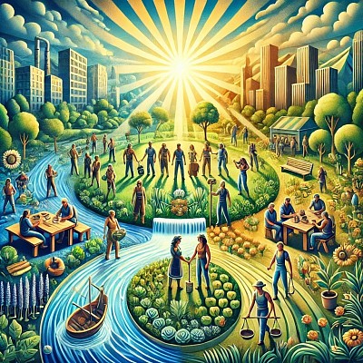 image representing socialism, emphasizing harmony, natural growth, and the absence of centralized authority